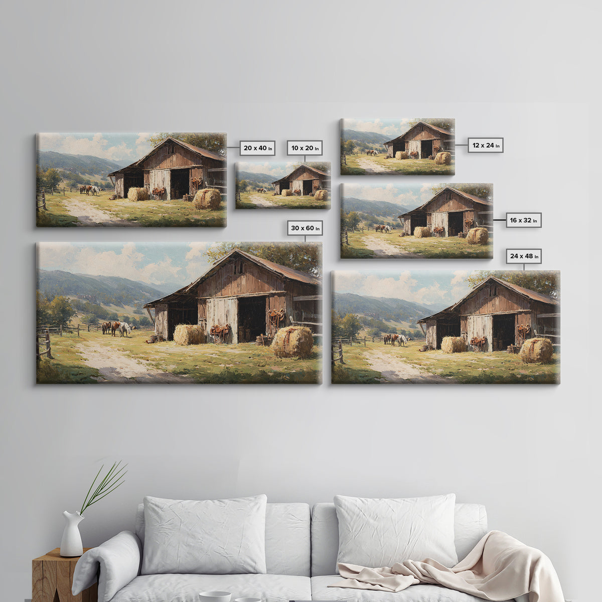Rustic Western Hay Bales And Horses In Countryside Oil Painting Canvas Print For Farmhouse Wall Art And Country Home Decor