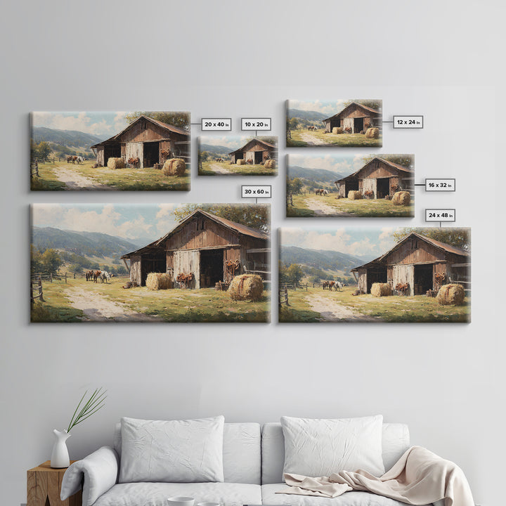 Rustic Western Hay Bales And Horses In Countryside Oil Painting Canvas Print For Farmhouse Wall Art And Country Home Decor