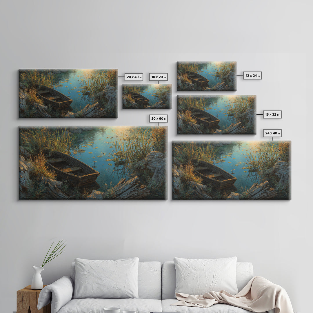 Rustic Oil Painting Capturing Quiet Lakeside With Old Wooden Boat Among Calm Water And Rocks Serene Nature Wall Art For Home Decor Framed Canvas Print