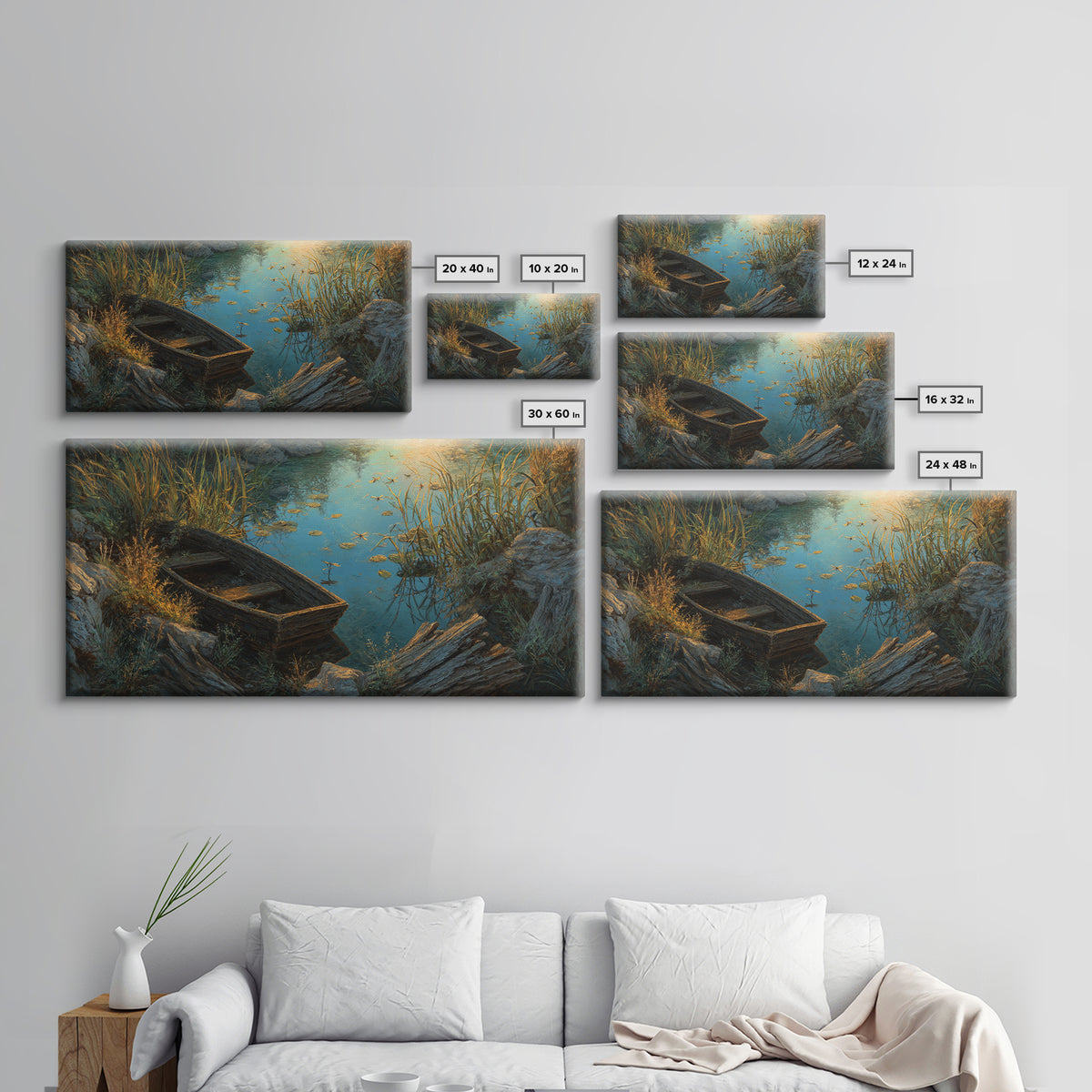 Rustic Oil Painting Capturing Quiet Lakeside With Old Wooden Boat Among Calm Water And Rocks Serene Nature Wall Art For Home Decor Framed Canvas Print