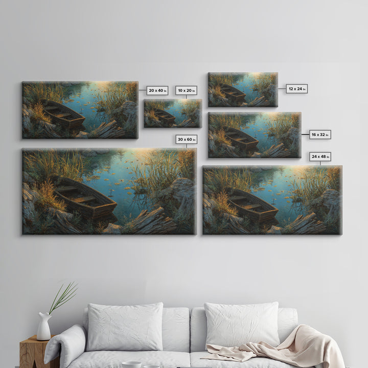 Rustic Oil Painting Capturing Quiet Lakeside With Old Wooden Boat Among Calm Water And Rocks Serene Nature Wall Art For Home Decor Framed Canvas Print