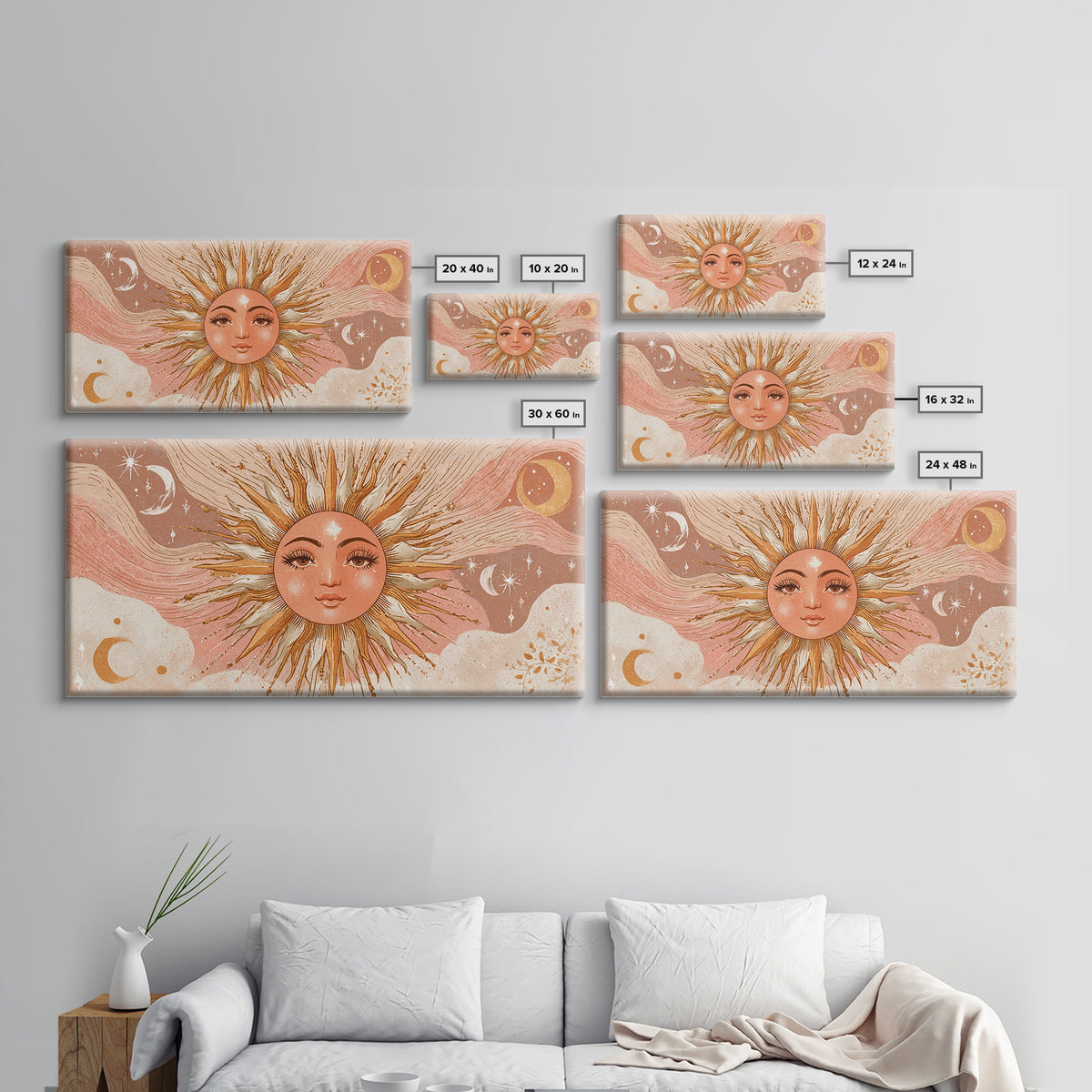 Boho Sun Face Wall Art, Celestial Moon And Stars Illustration, Terracotta Mystical Decor, Whimsical Nursery Art Print Gift