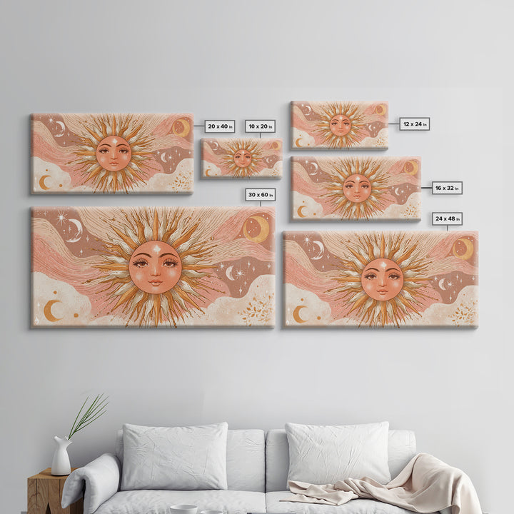 Boho Sun Face Wall Art, Celestial Moon And Stars Illustration, Terracotta Mystical Decor, Whimsical Nursery Art Print Gift