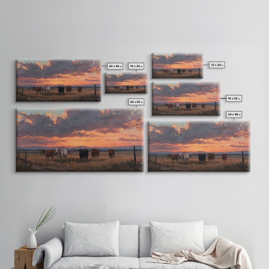 Dramatic Sunset Over Cattle Ranch With Vibrant Sky And Silhouetted Herd Canvas Print Large Wall Art For Rustic Decor