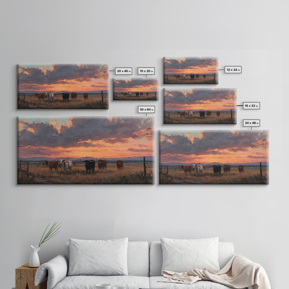 Dramatic Sunset Over Cattle Ranch With Vibrant Sky And Silhouetted Herd Canvas Print Large Wall Art For Rustic Decor