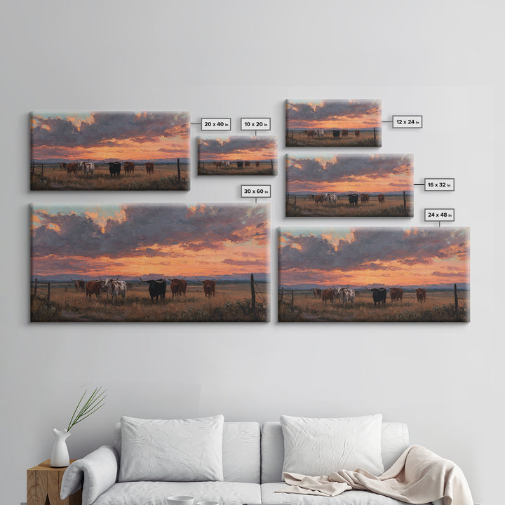 Dramatic Sunset Over Cattle Ranch With Vibrant Sky And Silhouetted Herd Canvas Print Large Wall Art For Rustic Decor