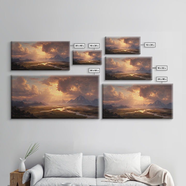 Sunset Mountain River Landscape Wall Art With Warm Golden Light Rays Illuminating Nature For Rustic Home Decor And Large Canvas Print