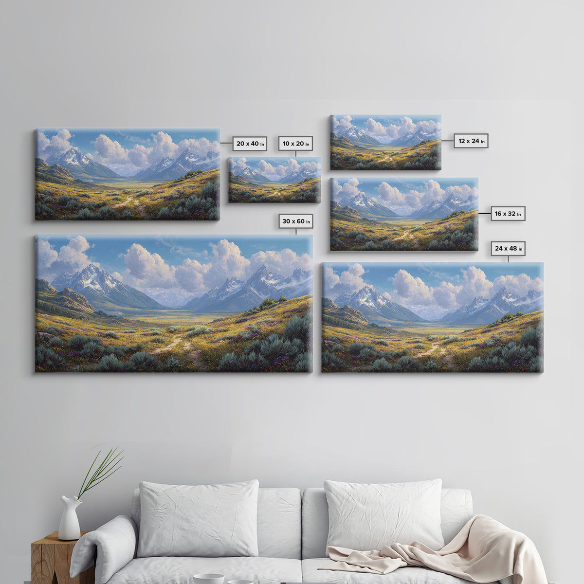 Stunning Realistic Mountain Landscape Painting Canvas Print Featuring Wildflowers And Blue Sky Large Wall Art For Living Room Decor