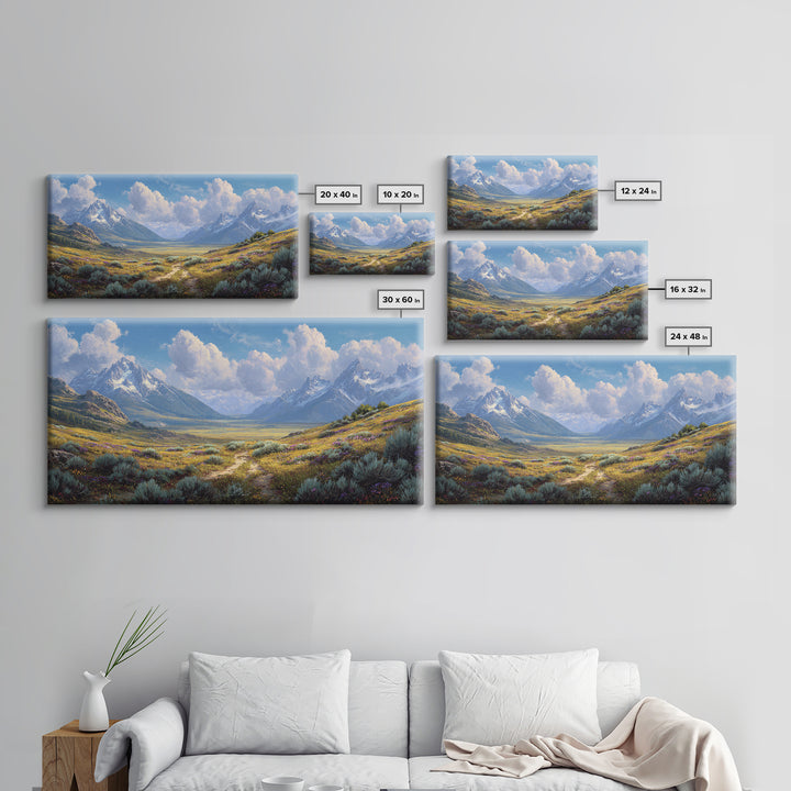 Stunning Realistic Mountain Landscape Painting Canvas Print Featuring Wildflowers And Blue Sky Large Wall Art For Living Room Decor