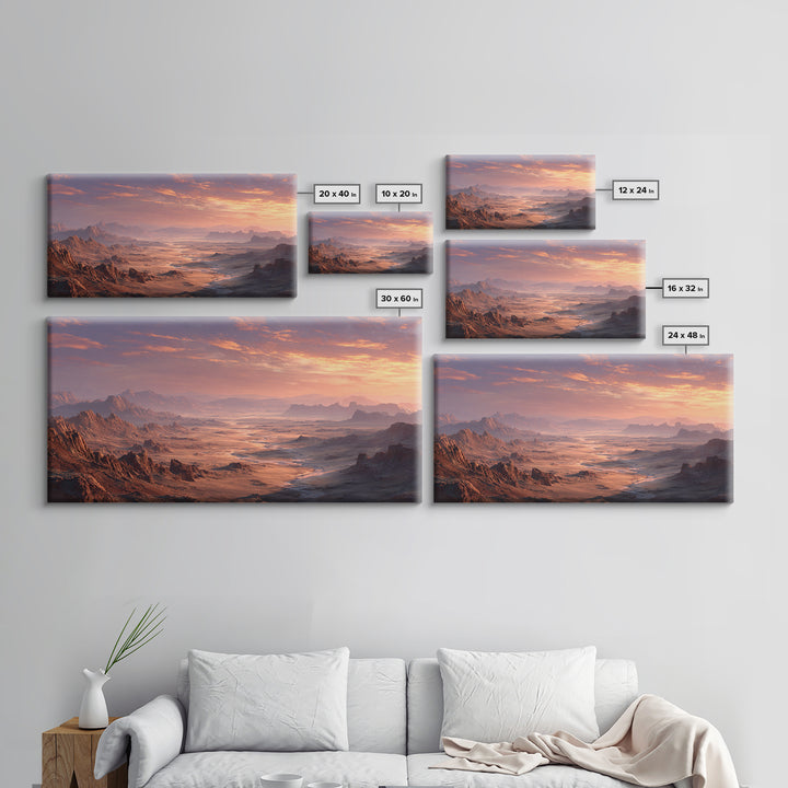Expansive Desert Canyon Landscape With Warm Sunset Glow Moody Wall Art Framed Canvas Print Suitable For Living Room Decor