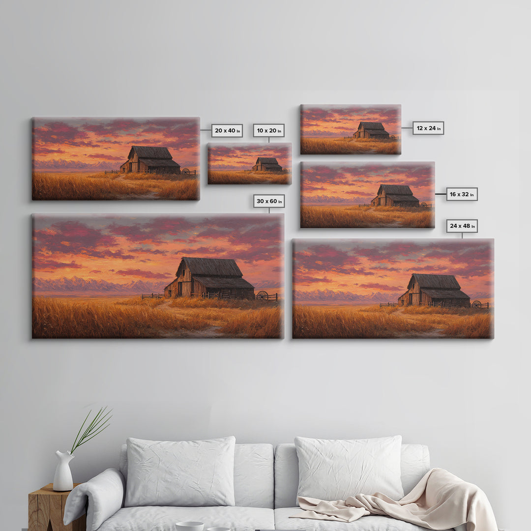 Rustic Old Wooden Barn With Wheat Field Landscape Rustic Wall Art Painted Canvas Print Farmhouse Decor Framed Wall Art