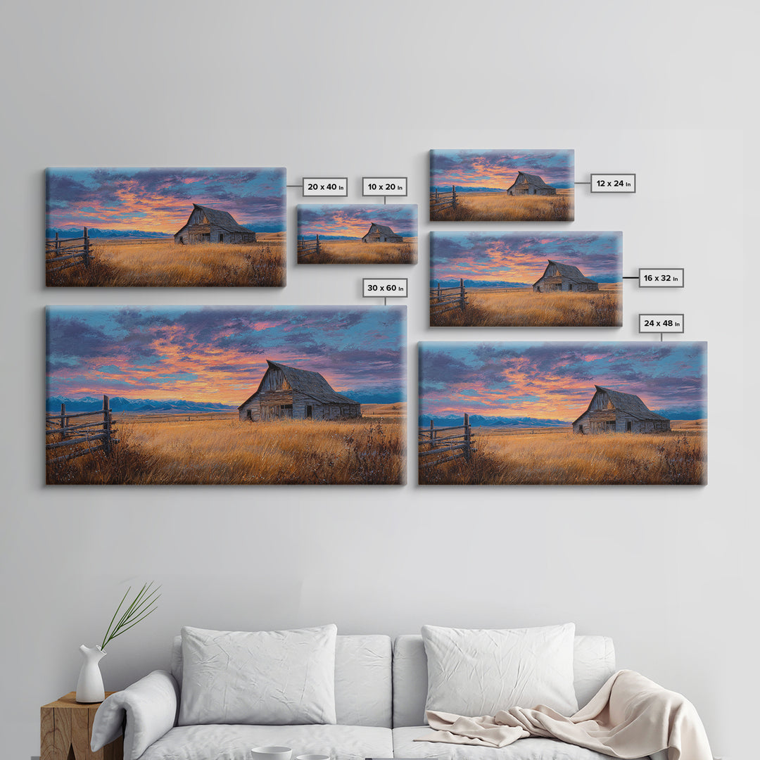 Rustic Barn Landscape Oil Painting With Golden Field And Mountain Background, Large Wall Art Canvas Print For Farmhouse Decor
