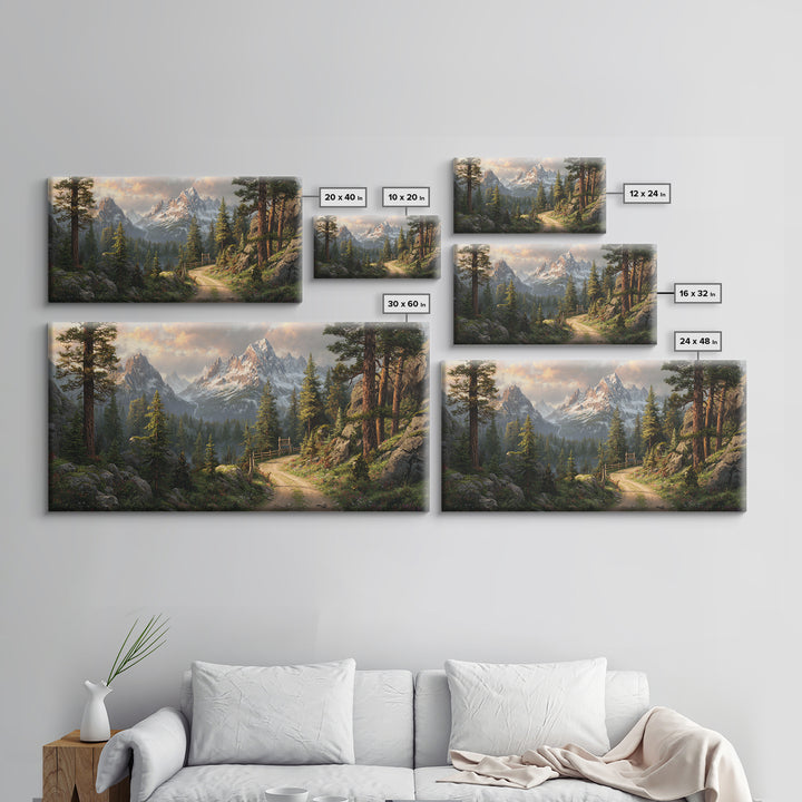 Majestic Mountain Path With Lush Pine Trees Wall Art Framed Canvas Print Landscape Painting For Rustic Home Decor Cabin Art