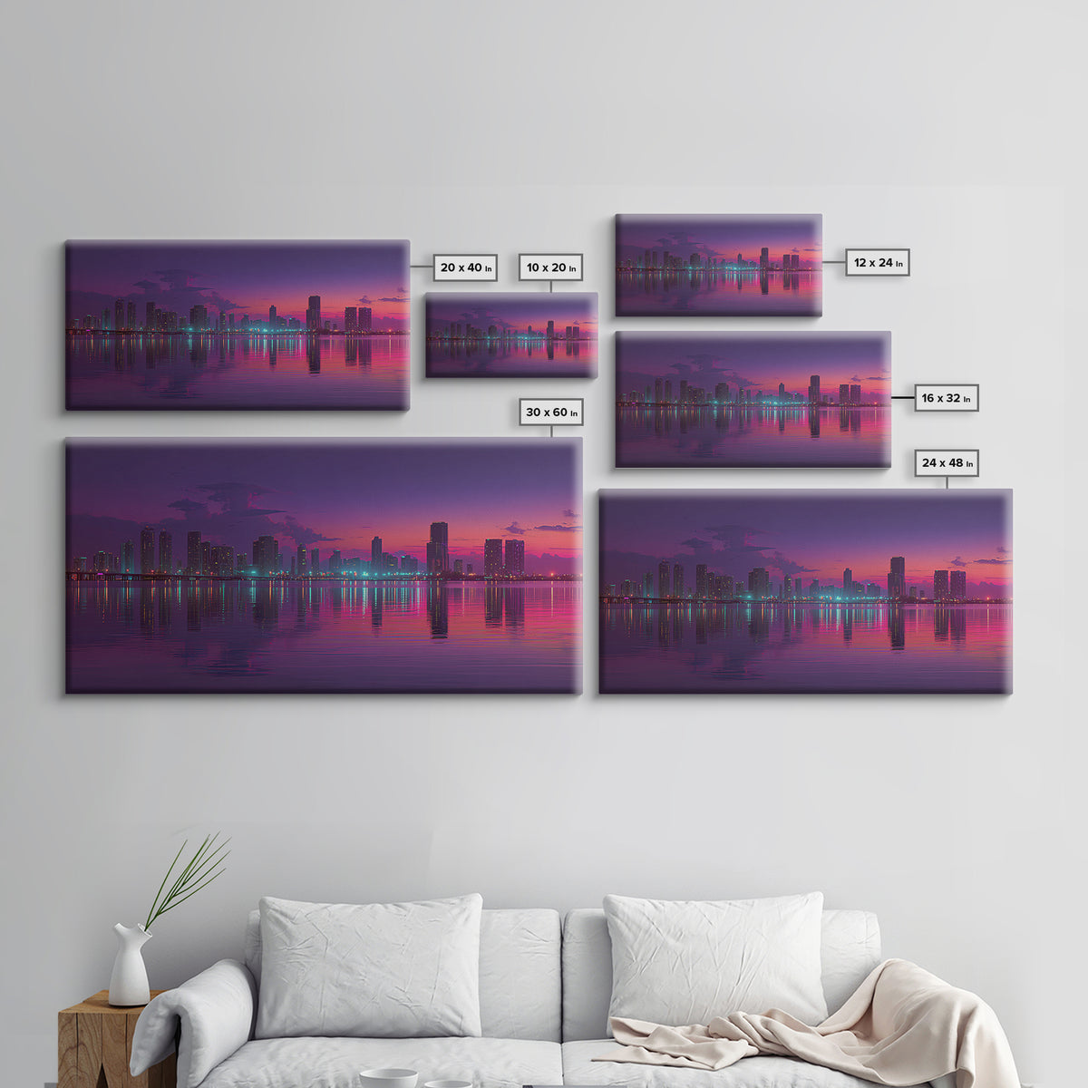 City Skyline At Dusk Stunning Sunset Colors Reflecting On Water Large Wall Art Framed Canvas Print Home Decor