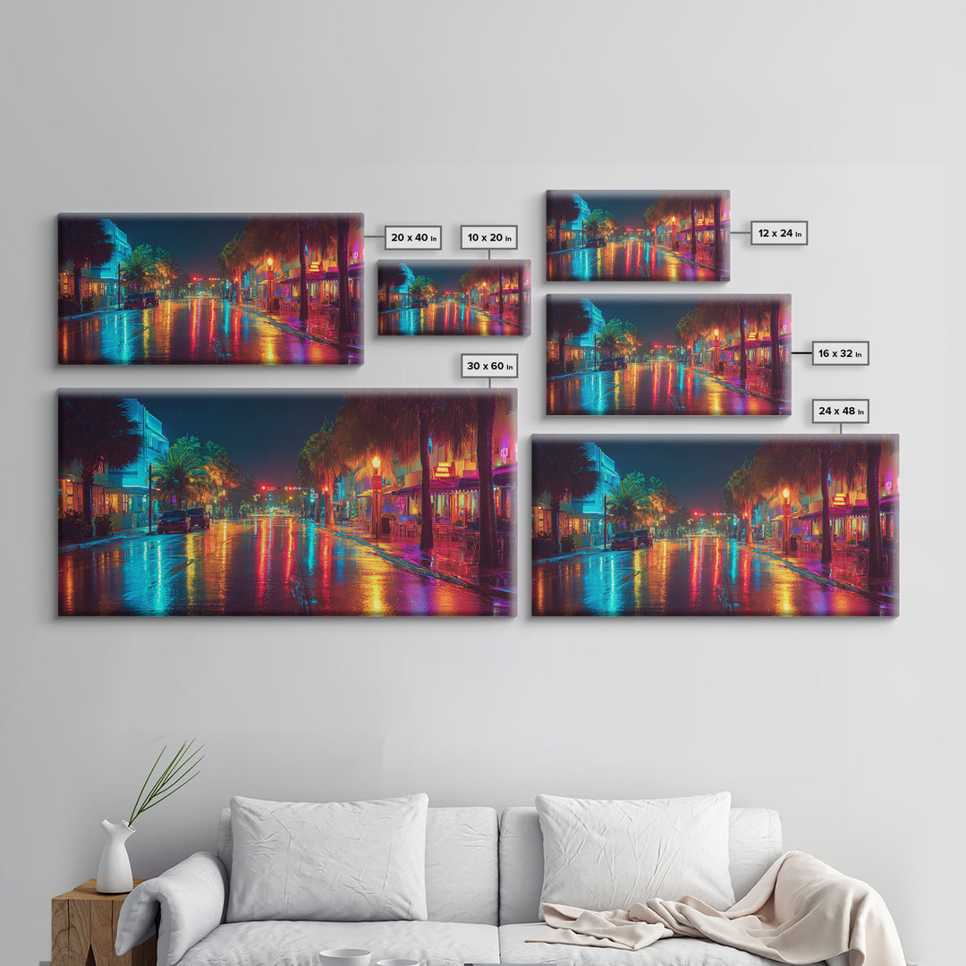 Colorful Night City Street With Neon Lights And Reflections On Wet Pavement Modern Wall Art Print Canvas