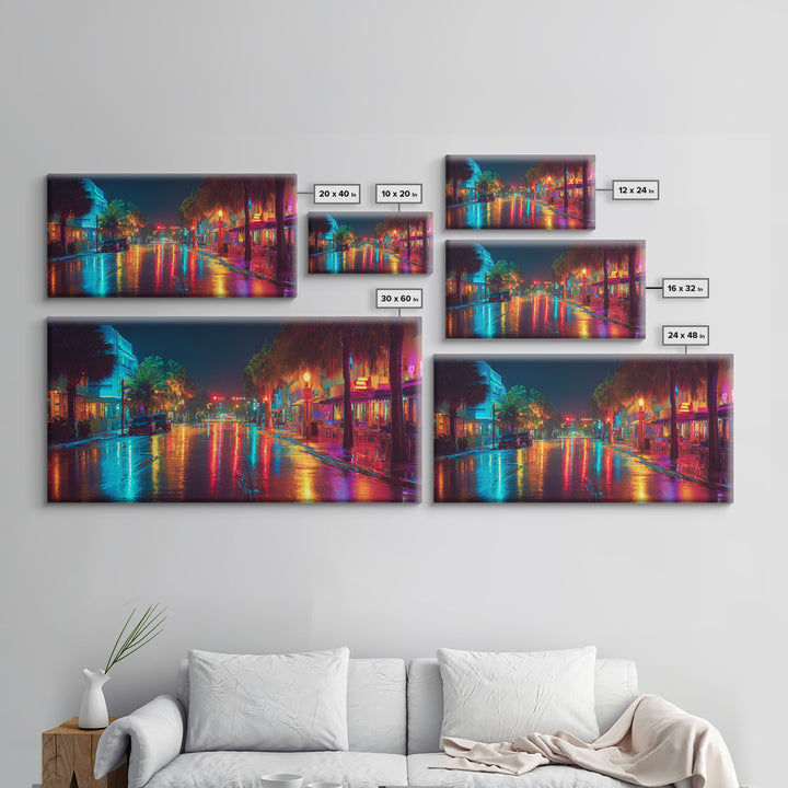 Colorful Night City Street With Neon Lights And Reflections On Wet Pavement Modern Wall Art Print Canvas