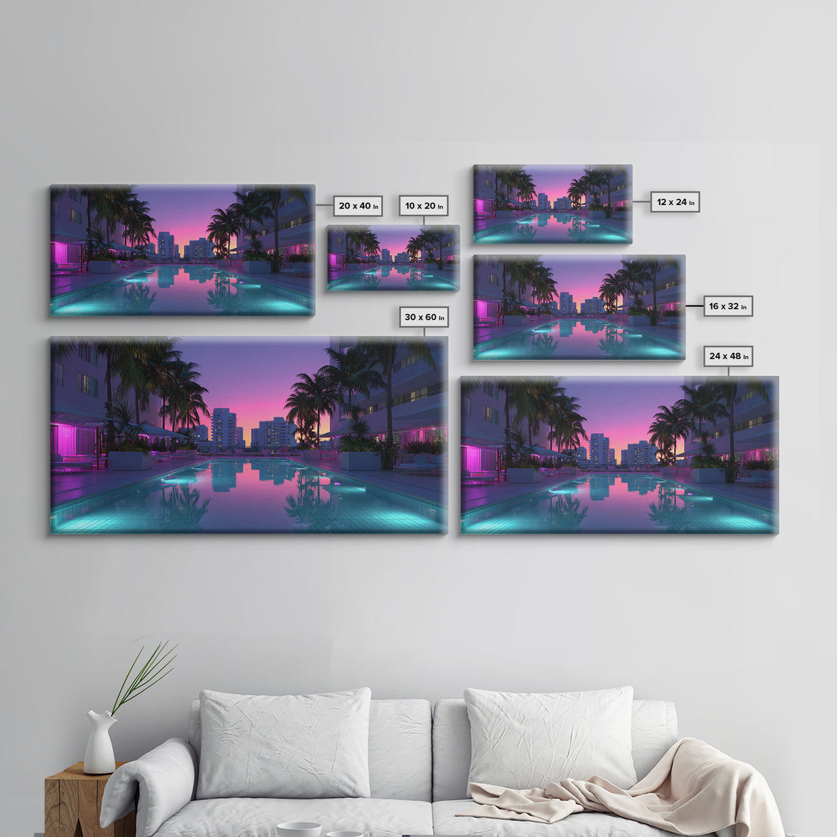 Luxury Modern Miami City Pool Sunset Palm Trees Reflected In Water For Chic Living Room Decor Framed Canvas Print