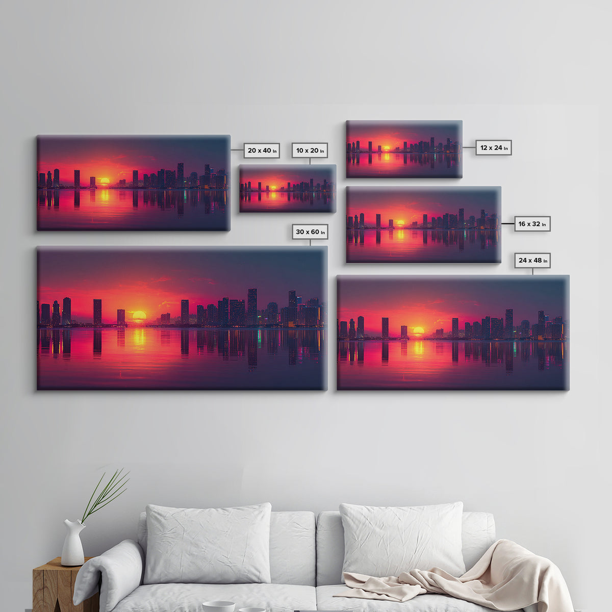 Vibrant Sunset Over City Skyline Reflected On Water Contemporary Wall Art For Living Room Decor Framed Canvas Print With Modern Home Decor Appeal