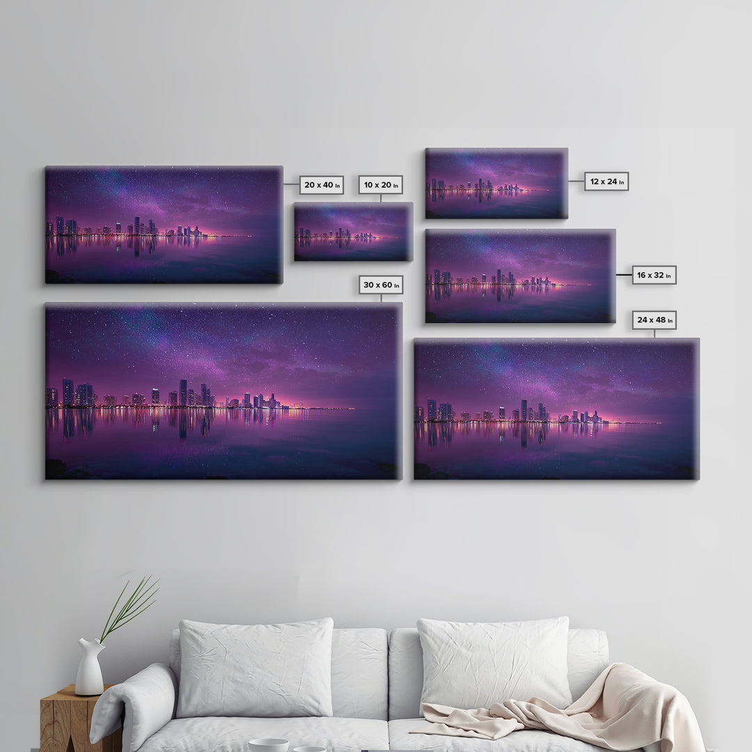 Vibrant Neon Purple City Skyline At Night With Starry Sky Reflections Wall Art Modern Wall Decor Canvas Print