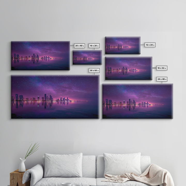 Vibrant Neon Purple City Skyline At Night With Starry Sky Reflections Wall Art Modern Wall Decor Canvas Print