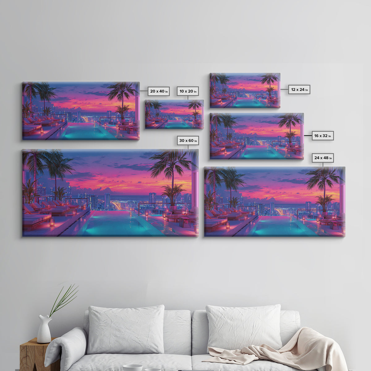 Vibrant Sunset Rooftop Pool Scene With Palm Trees And Cityscape Background Wall Art For Home Decor Framed Canvas Print