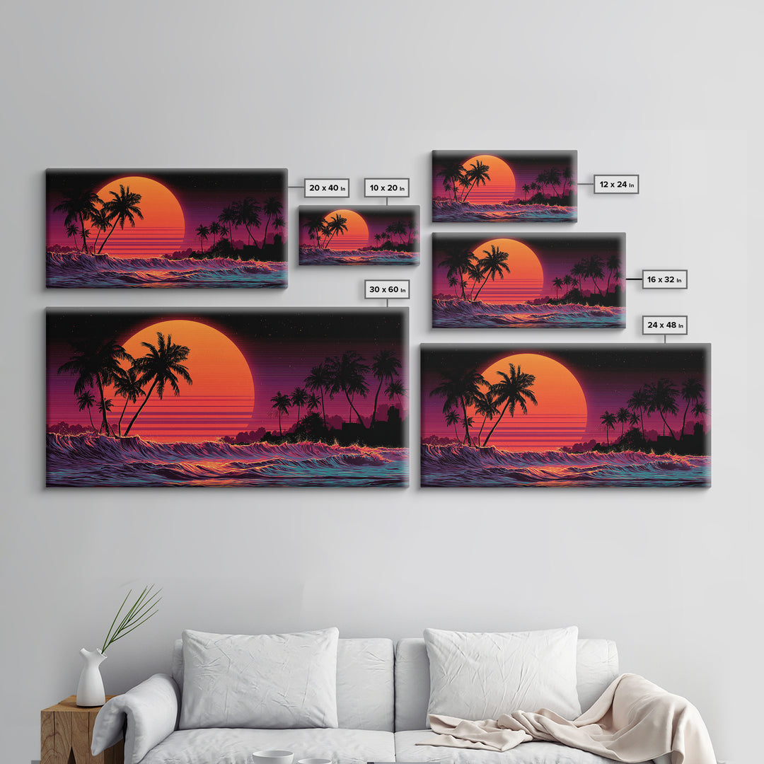 Retro Sunset Palm Trees Digital Art Canvas Print Wall Art Living Room Decor Tropical Beach Scene Large Framed Canvas Print Home Decor