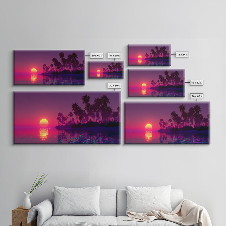 Tropical Sunset Beach Scene With Palm Trees Framed Canvas Print, Vibrant Coastal Wall Art For Living Room And Tropical Home Decor
