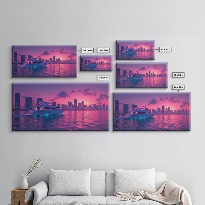 Luxury Yacht Sailing At Vibrant Pink Sunset Skyline With Modern Cityscape Featured As Wall Art For Home Decor