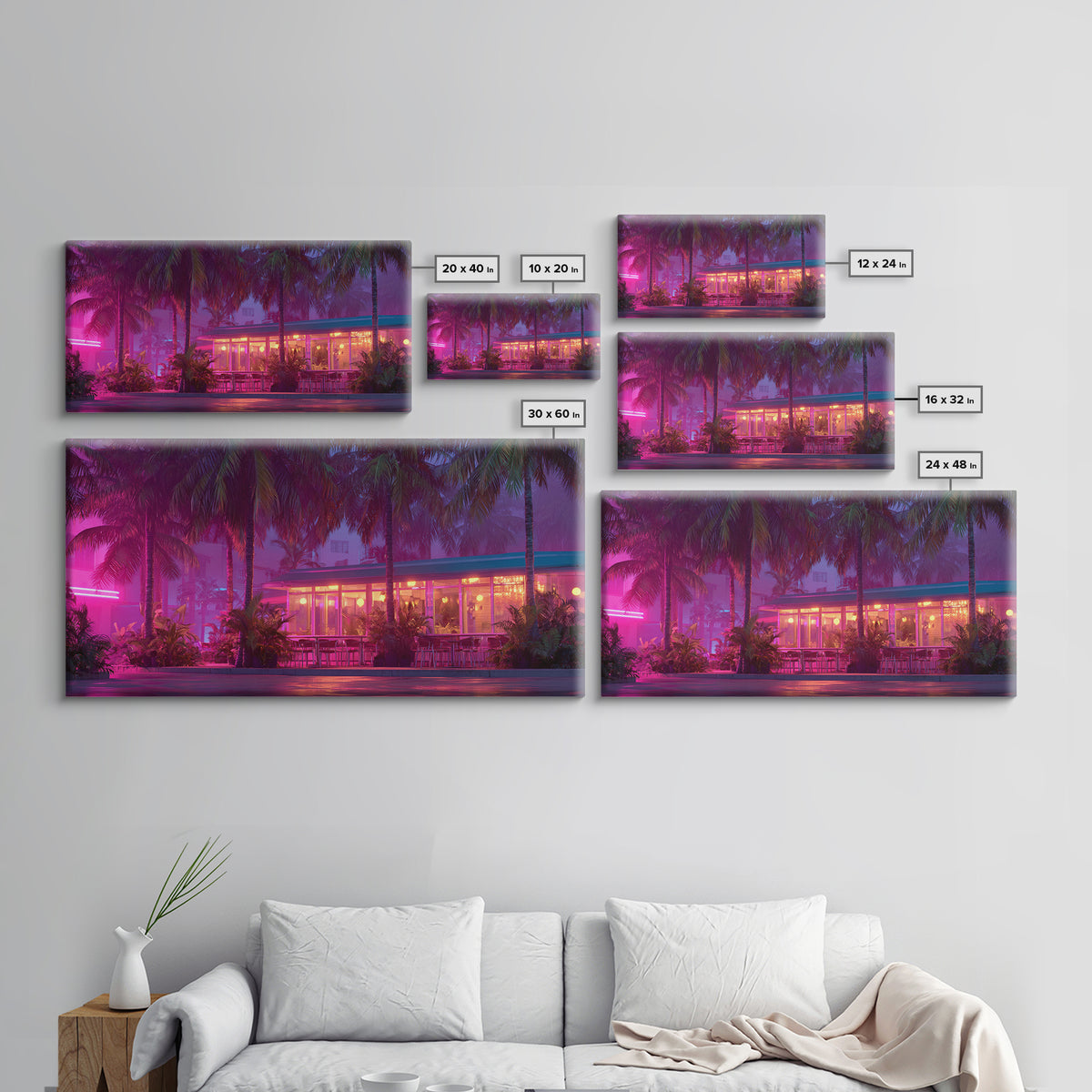 Vibrant Neon Lit Tropical Cafe At Night Palm Trees Retro Miami Style Wall Art Prints For Home Decor