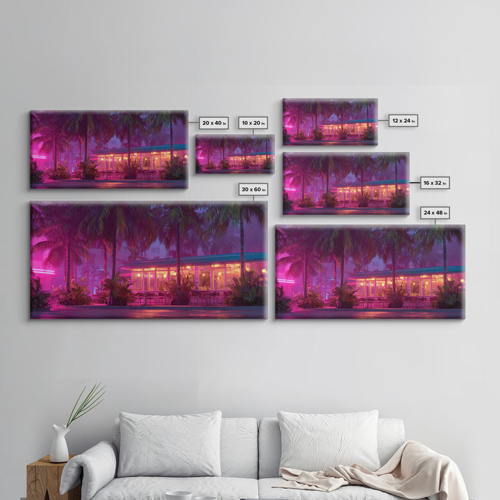 Vibrant Neon Lit Tropical Cafe At Night Palm Trees Retro Miami Style Wall Art Prints For Home Decor