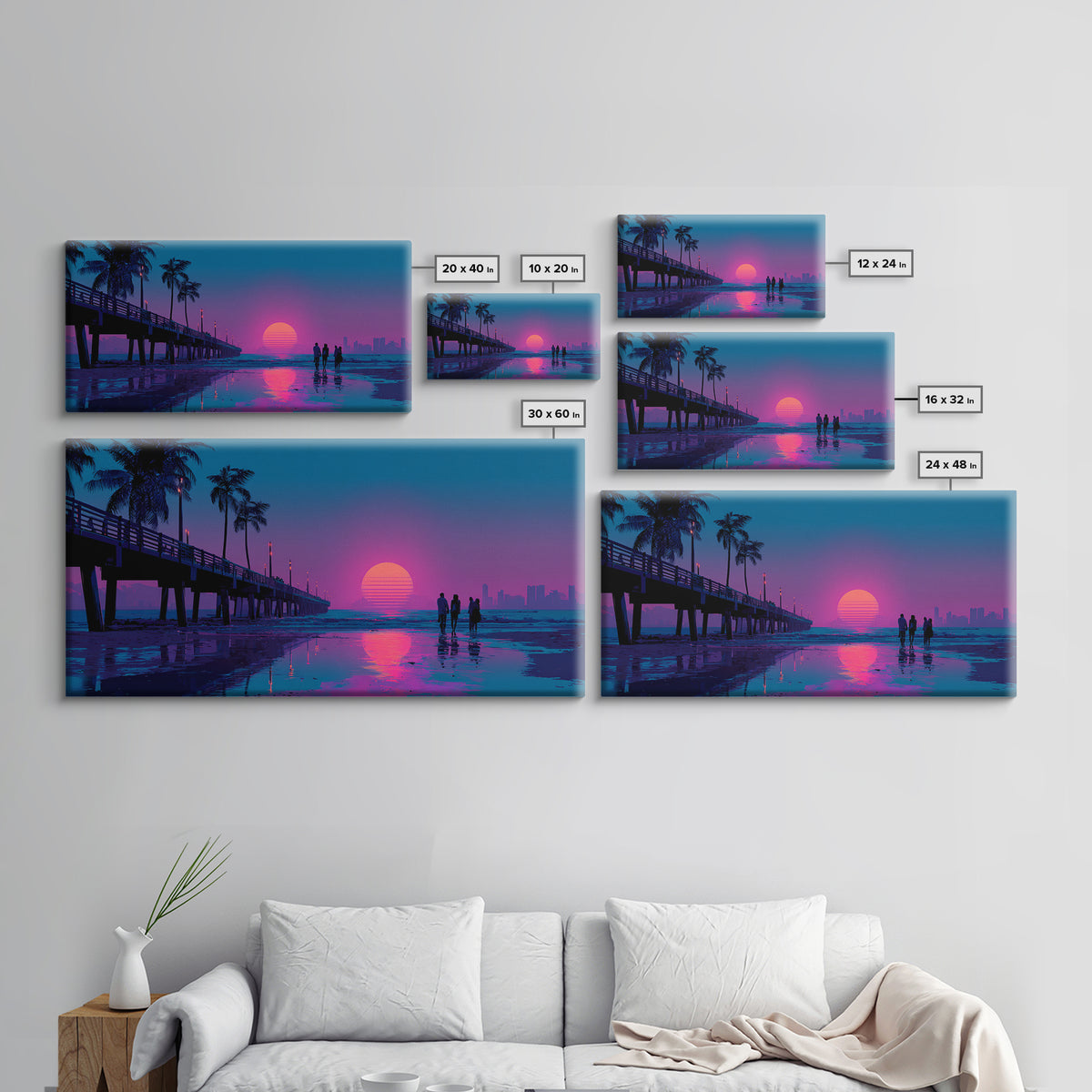 Vibrant Neon Sunset Beach Scene With Silhouettes Of People Framed Canvas Print Coastal Wall Art For Modern Living Room And Bedroom Decor