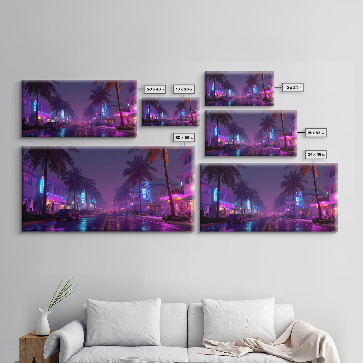 Night City Street Scene With Neon Lights And Palm Trees, Framed Canvas Print For Retro Wall Art And Miami Home Decor