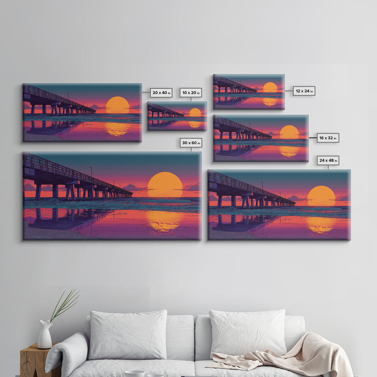 Sunset Pier Over Calm Ocean Waves Vibrant Pink Purple Beach Scene Wall Art Framed Canvas Print Coastal Home Decor