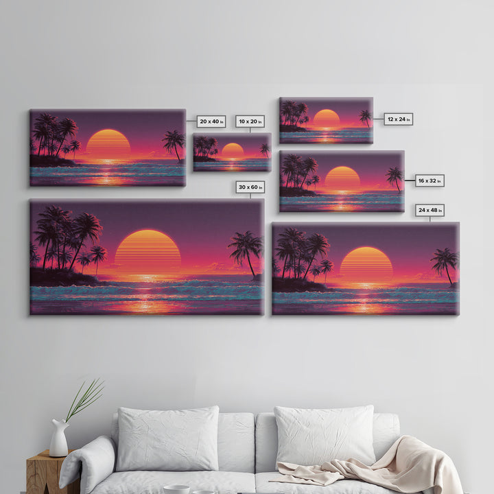 Vibrant Retro Sunset Tropical Beach Scene Digital Art Print Wall Art Framed Canvas Print Coastal Home Decor