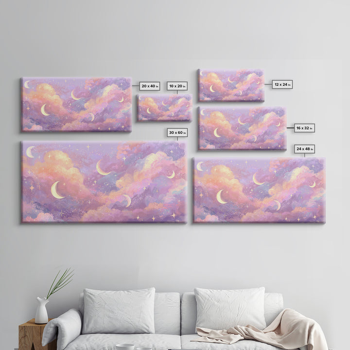Pastel Crescent Moon Cloud Wall Art, Celestial Wall Art, Dreamy Nursery Decor, Whimsical Decor, Pink Bedroom Art, Canvas Print