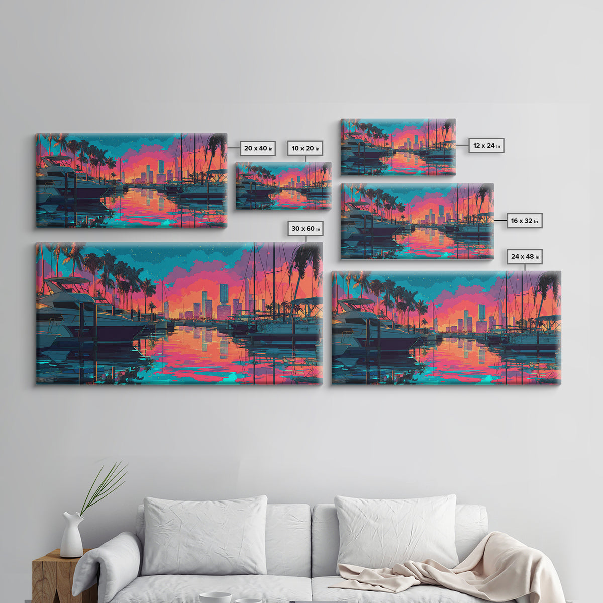 Colorful Harbor Scene With Boats Palm Trees And Sunset Sky Vibrant Contemporary Wall Art Canvas Print