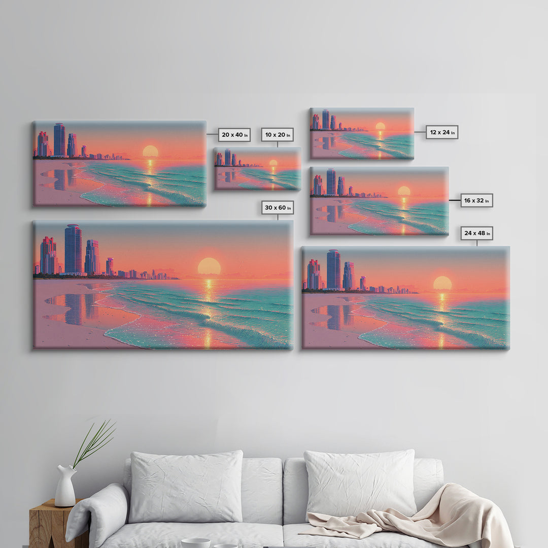 Vibrant Sunset Over Modern Coastal City Beach With Reflective Waves Wall Art Framed Canvas Print For Home Decor