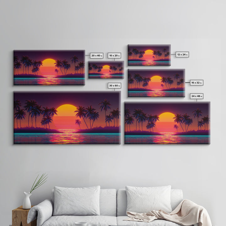 Retro Sunset Beach Palm Trees Digital Art Print Vibrant Coastal Wall Art Canvas Print Modern Boho Decor