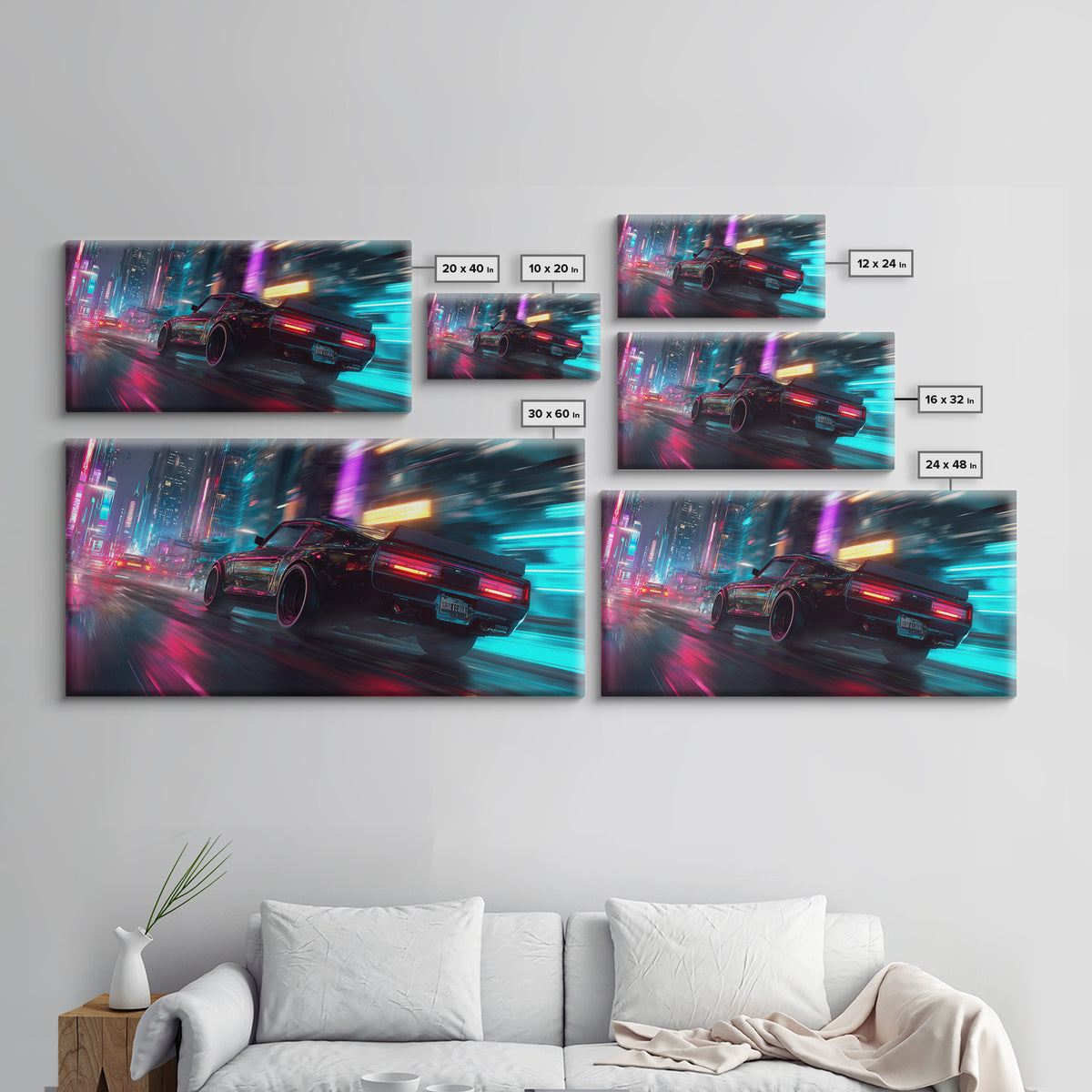 Neon Lit Sports Car Racing Down City Street At Night Featuring Vibrant Pink And Blue Modern Wall Art For Car Fans