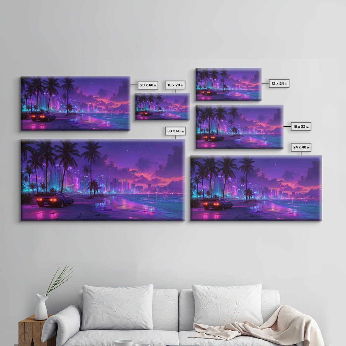 Cyberpunk Cityscape Night Scene With Neon Lights And Sports Car Modern Digital Art Canvas Print For Trendy Wall Art Home Decor