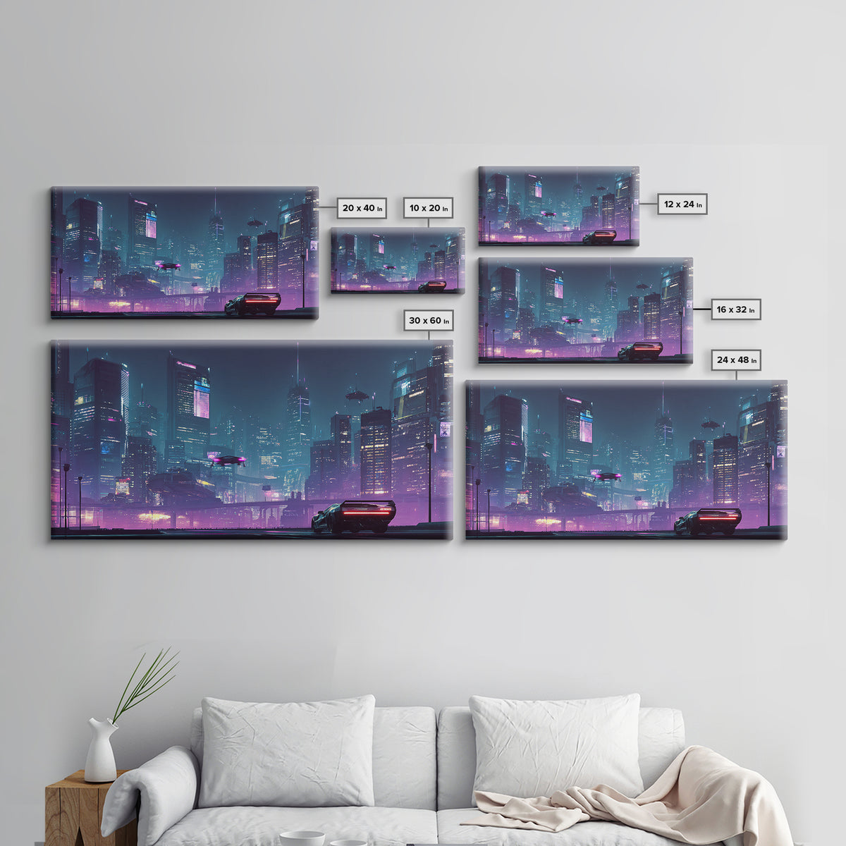 Futuristic Cyberpunk Cityscape At Night With Neon Lights And Hover Cars Wall Art, Vibrant Canvas Print For Modern Living Room Decor