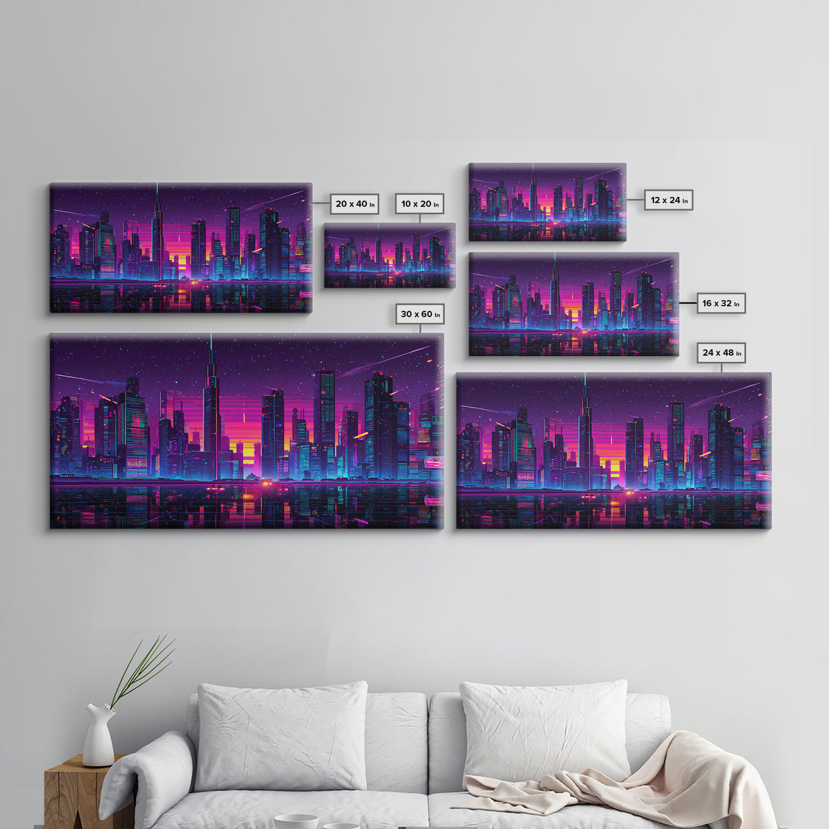 Vibrant Neon Cityscape With Reflective River And Pink Purple Sky Canvas Print Modern Urban Wall Art