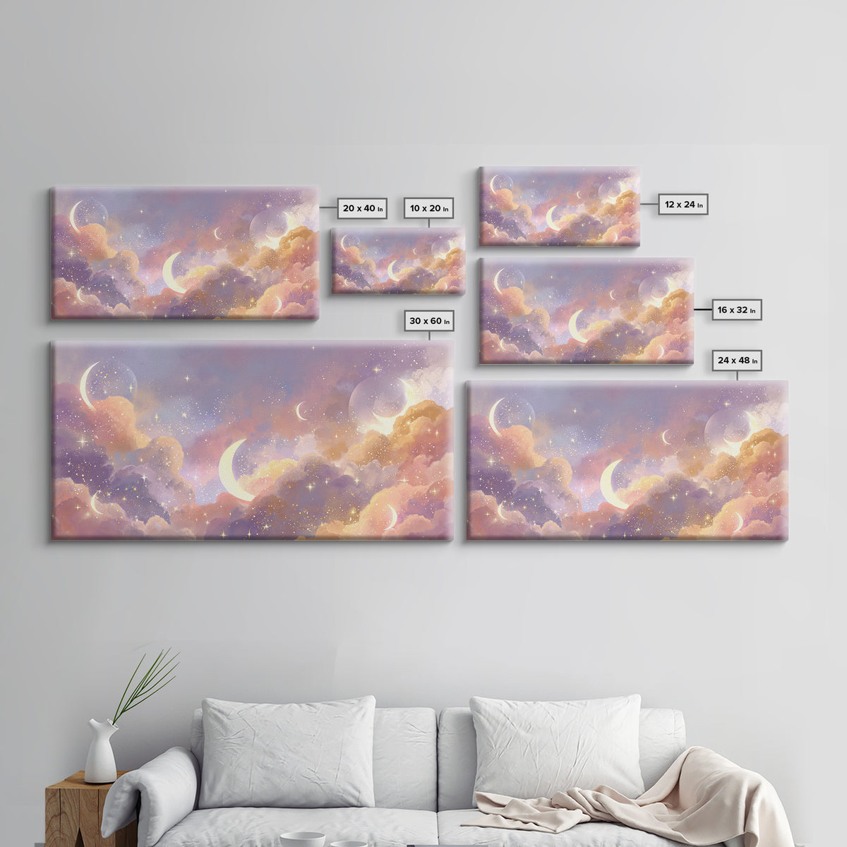 Glowing Crescent Moon Clouds Wall Art, Celestial Decor, Galaxy Art, Space Wall Art, Dreamy Bedroom Decor, Framed Canvas Print