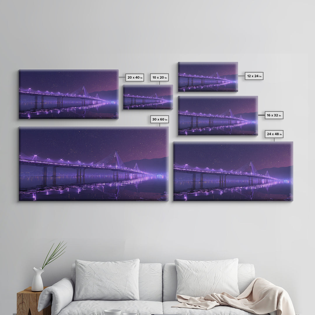Nighttime Cityscape With Illuminated Bridge Over Waterstars Sky Reflections Beautiful Large Wall Art Framed Canvas Print