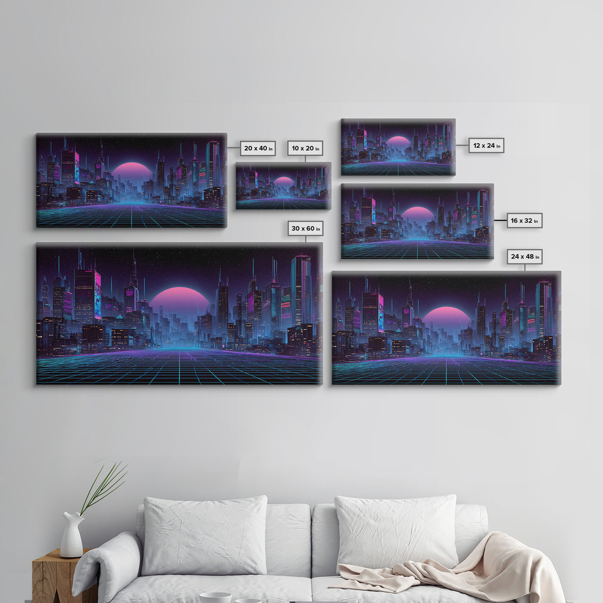 Cyberpunk Futuristic Cityscape Landscape With Neon Lights And Moon Framed Canvas Print For Modern Wall Art And Office Decor