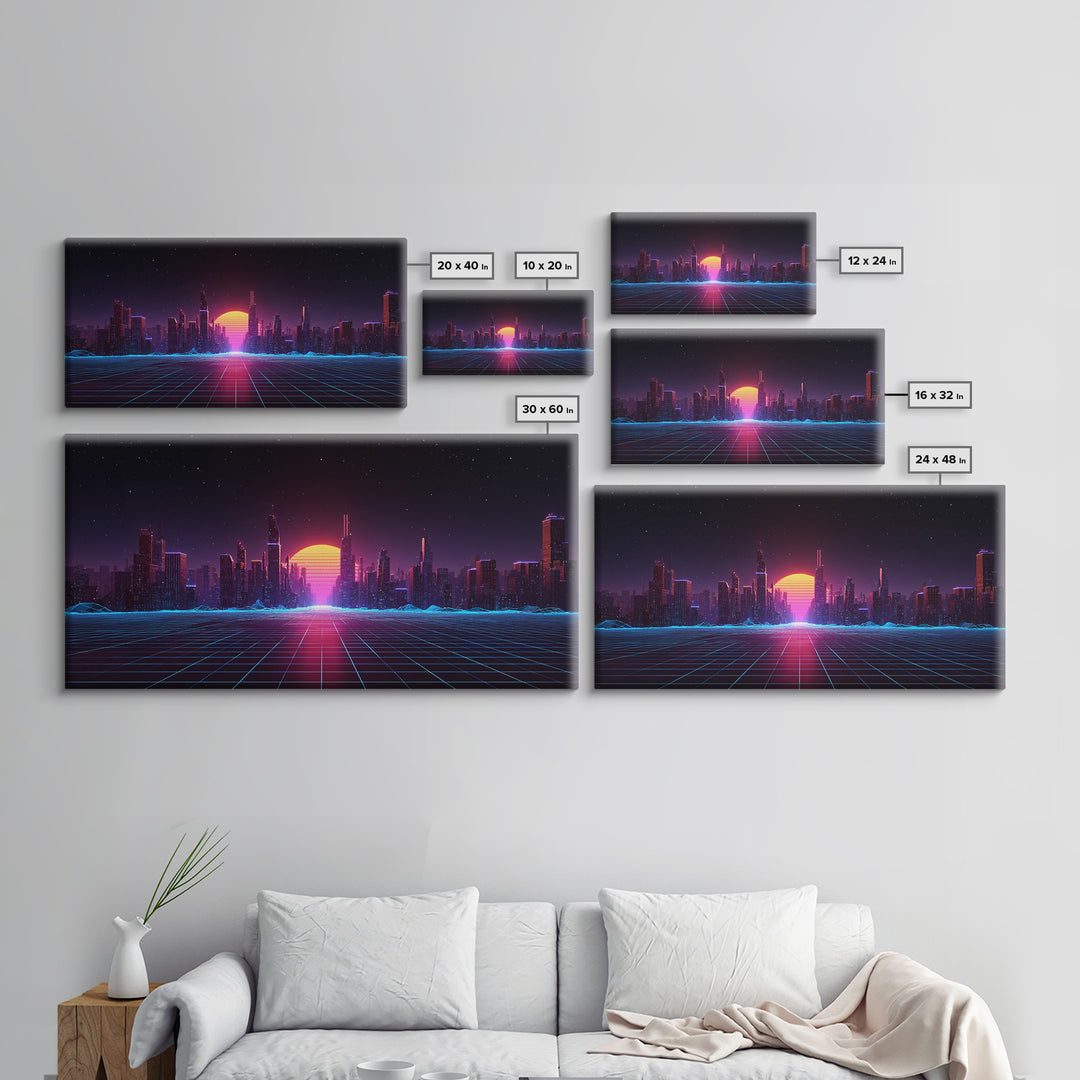 Futuristic Cyberpunk Neon City Digital Artwork With Vibrant Sunset And Grid-Like Road Abstract Sci-Fi Framed Canvas Print For Modern Wall Decor