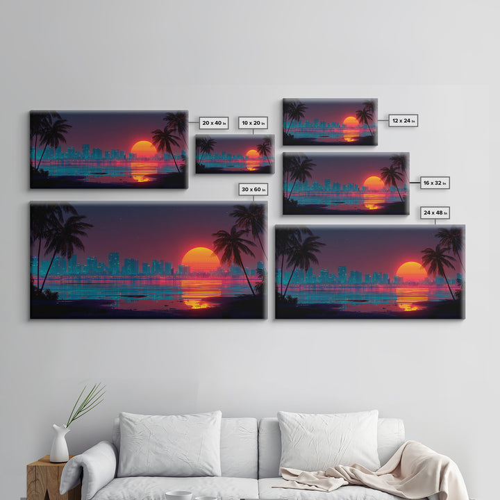 Futuristic Neon Cityscape With Illuminated Pyramid And Mountain Backdrop Modern Wall Art Framed Canvas Print