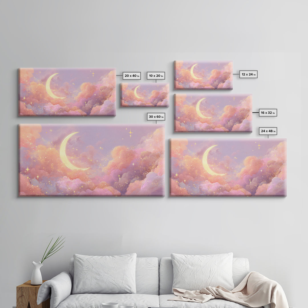Golden Crescent Moon Clouds Wall Art, Pastel Celestial Decor, Pink Wall Art, Dreamy Nursery Art, Whimsical Decor, Canvas Print