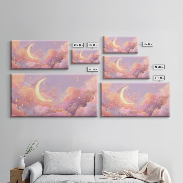 Golden Crescent Moon Clouds Wall Art, Pastel Celestial Decor, Pink Wall Art, Dreamy Nursery Art, Whimsical Decor, Canvas Print