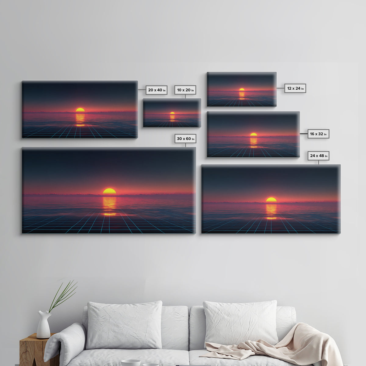 Retro Futuristic Sunset Over Ocean With Neon Grid Horizon Wall Art Modern Digital Canvas Print For Home
